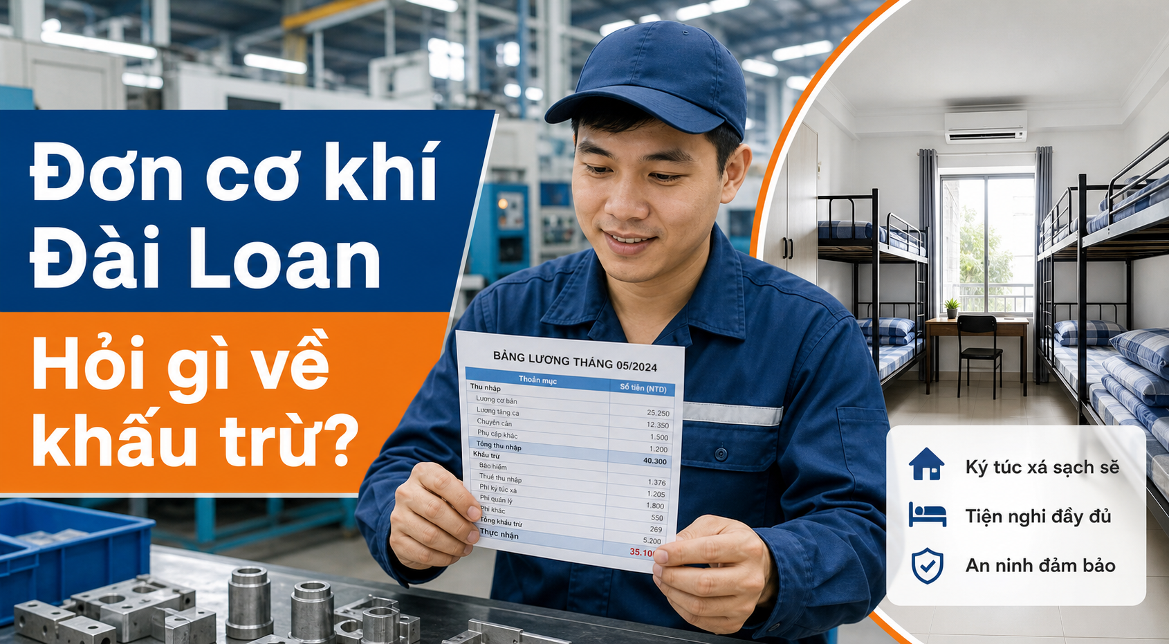 Ảnh đại diện bài đơn cơ khí Đài Loan cho nam mới đi lần đầu cần hỏi gì về khấu trừ và ký túc xá 2026