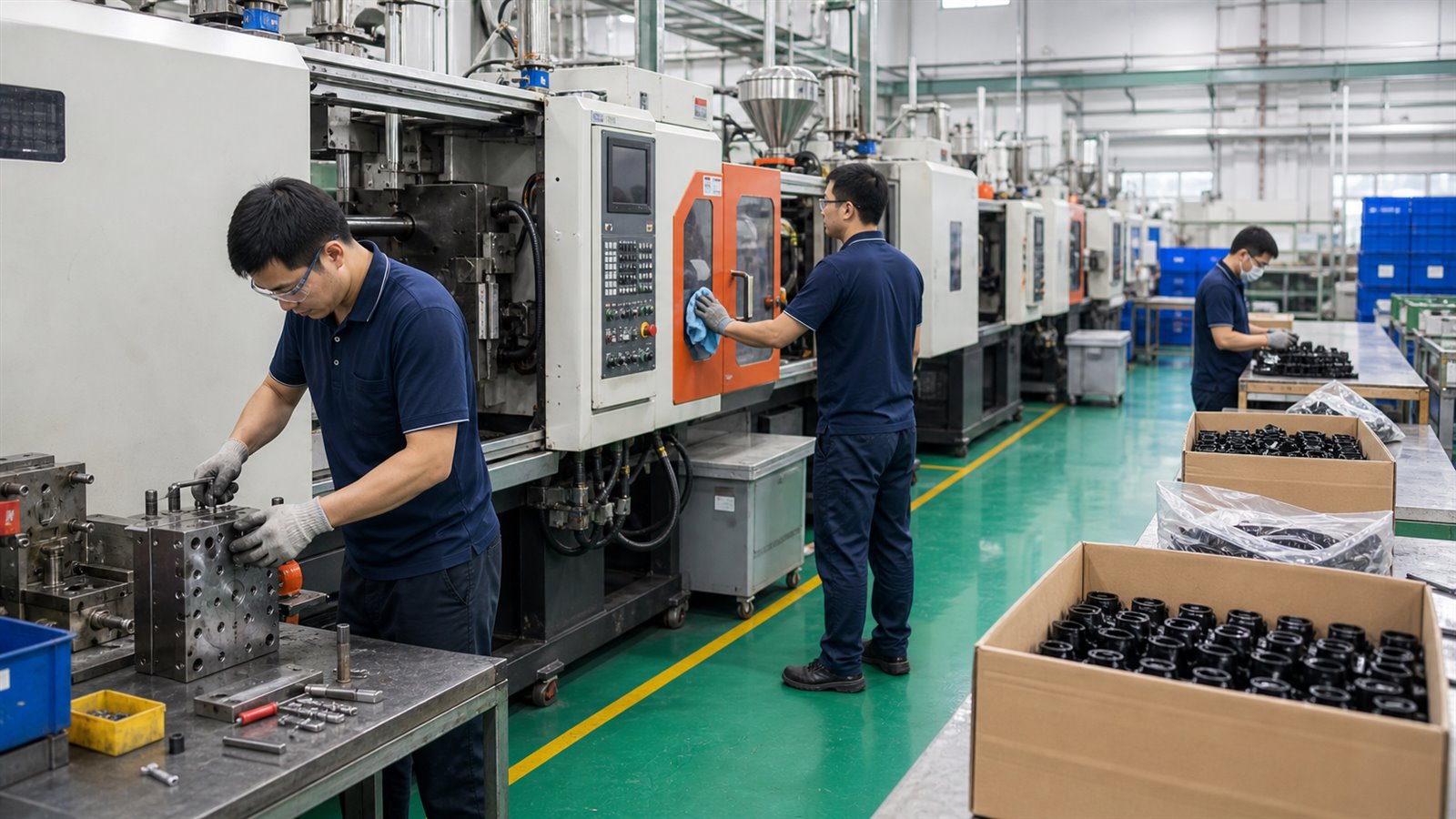Ảnh minh họa công việc sản xuất linh kiện nhựa, tháo lắp khuôn và đóng gói tại Đài Loan