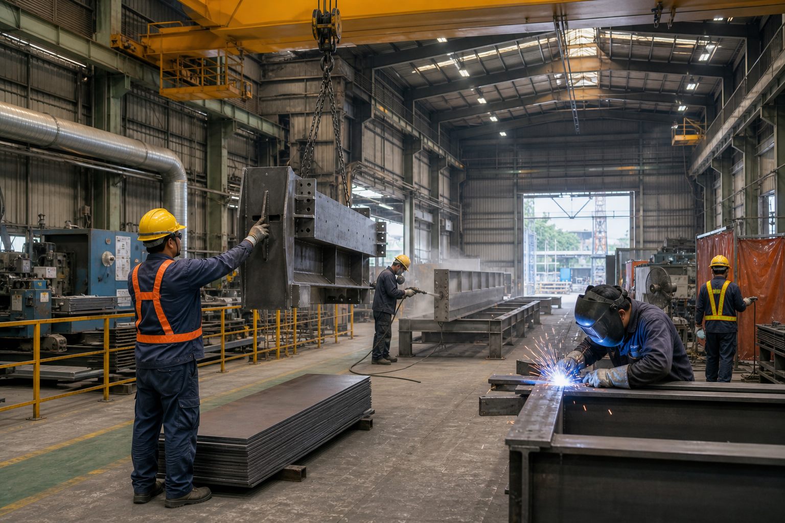 Ảnh minh họa công việc cơ khí, hàn, phun cát và vận hành cầu trục trong xưởng Đài Loan