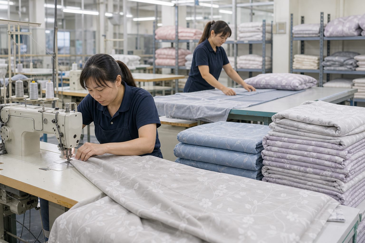 Ảnh minh họa công việc may chăn ga gối, cắt vải trong xưởng may Đài Loan
