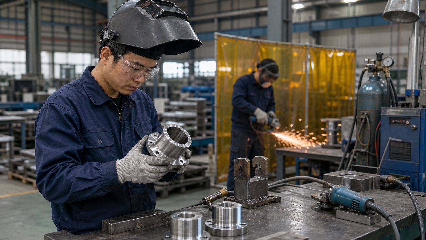 Ảnh minh họa công việc hàn xì, mài và đánh bóng sản phẩm trong xưởng Đài Loan