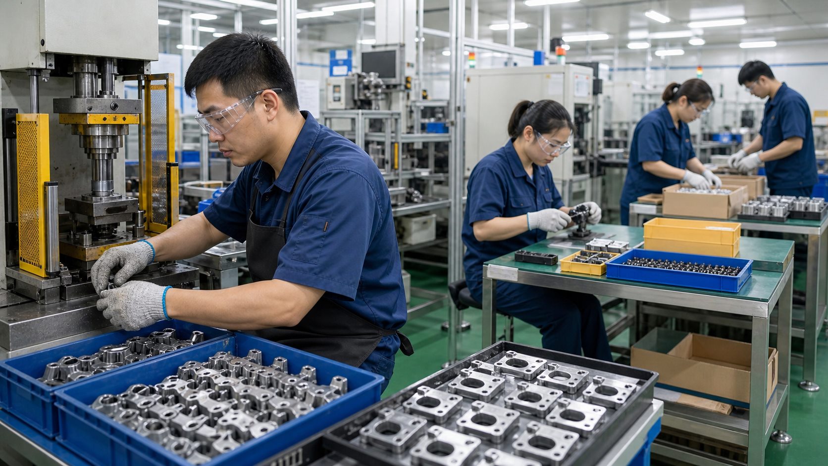 Ảnh minh họa công việc thao tác máy ép, lắp ráp và đóng gói linh kiện ô tô tại Đài Loan
