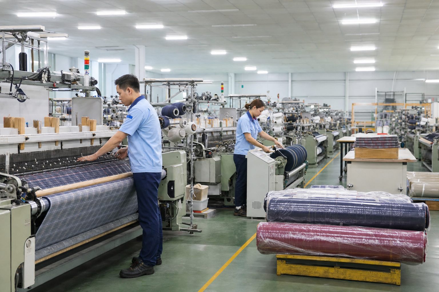 Ảnh minh họa công việc dệt vải, thao tác máy dệt, kiểm hàng và đóng gói trong xưởng Đài Loan