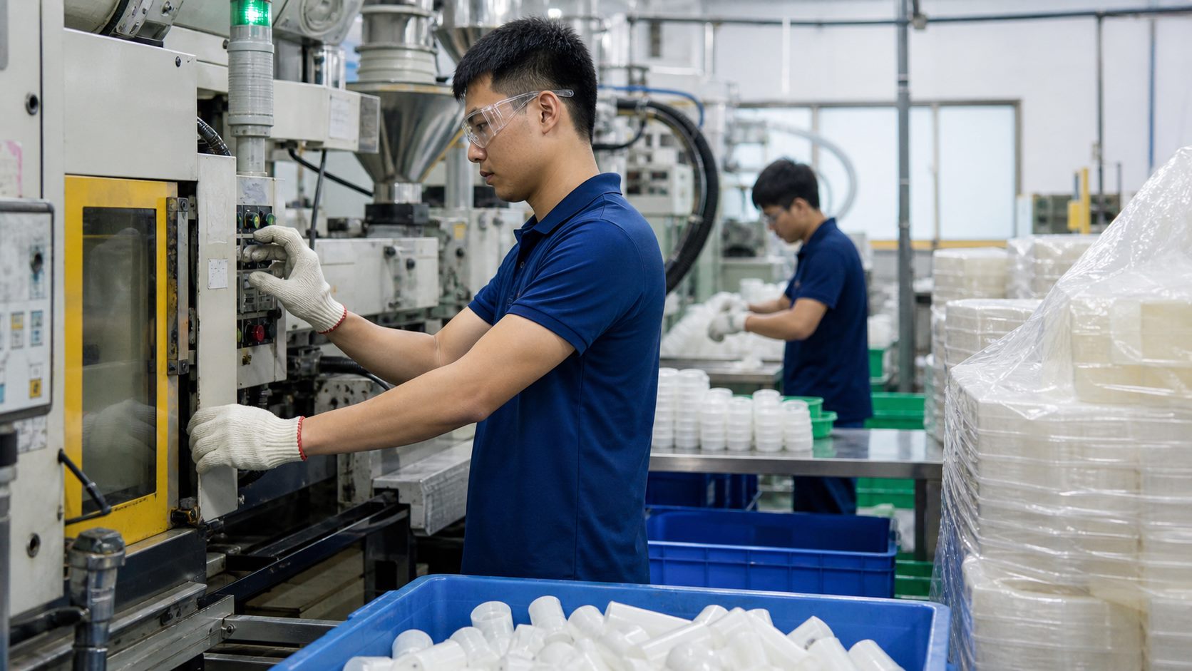 Ảnh minh họa công việc thao tác máy sản phẩm nhựa, lắp ráp, đóng gói và vệ sinh máy trong xưởng Đài Loan