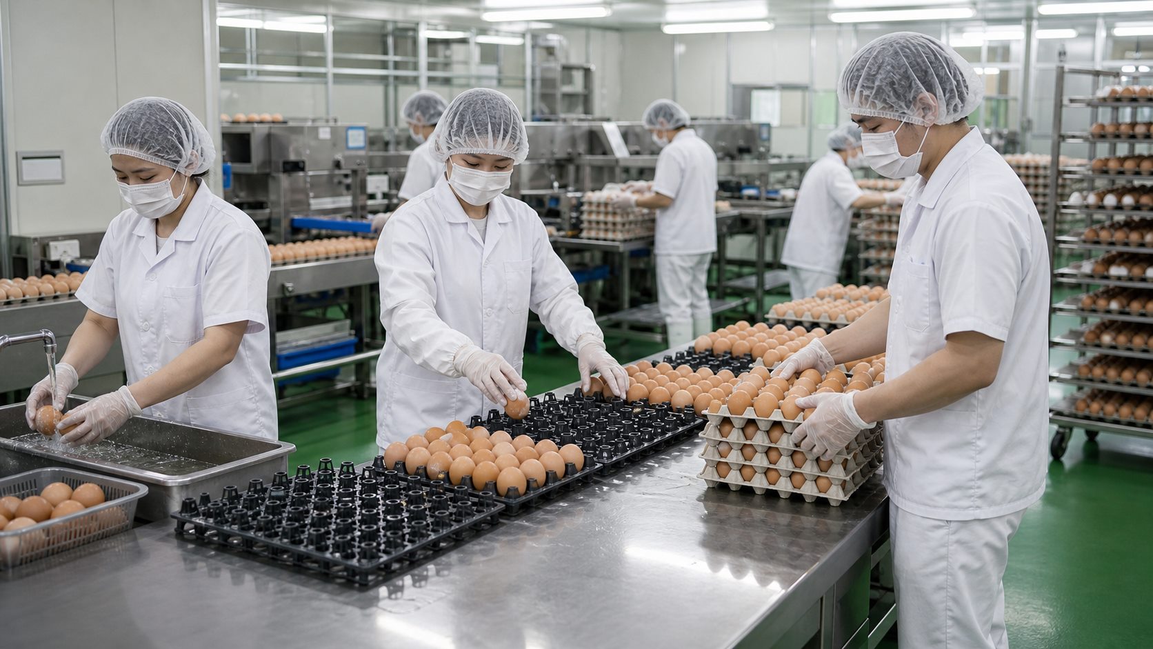 Ảnh minh họa công việc chọn trứng, vệ sinh và đóng khay trứng trong xưởng thực phẩm Đài Loan