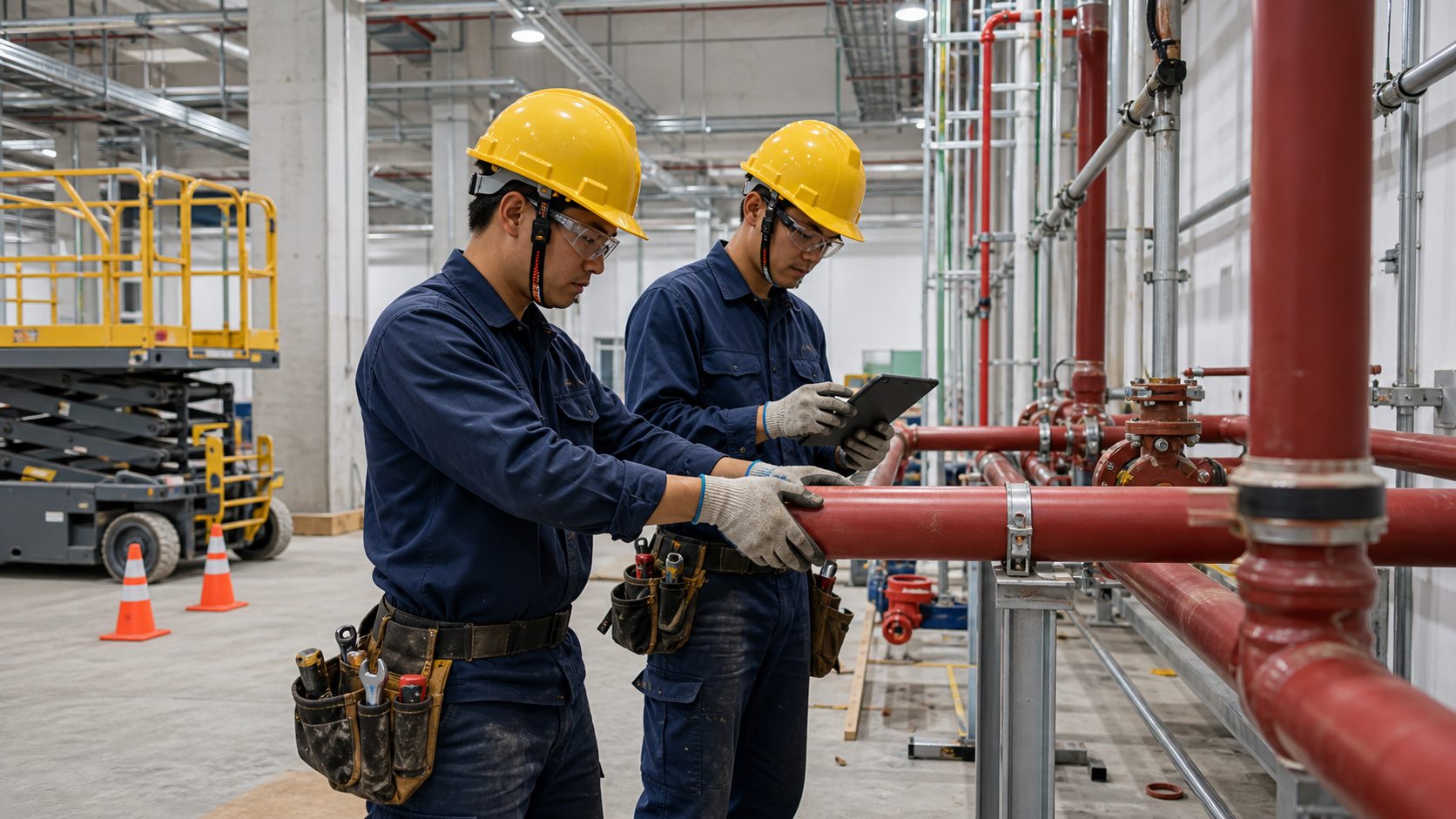 Ảnh minh họa công việc lắp đặt ống phòng cháy chữa cháy và hàn cơ khí tại Đài Loan