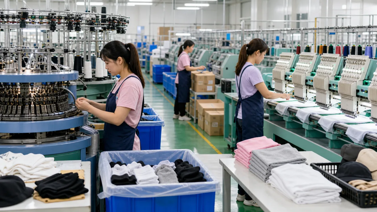 Ảnh minh họa tự tạo công việc dệt, thêu vi tính và kiểm hàng tại nhà máy Đài Loan