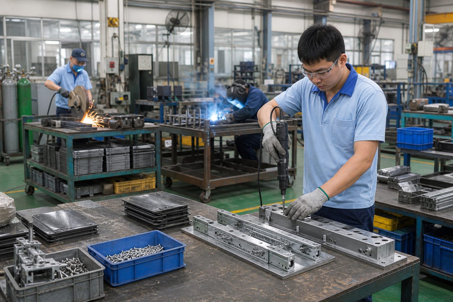 Ảnh minh họa công việc ngũ kim, lắp ráp, bắn vít, hàn và mài trong xưởng Đài Loan