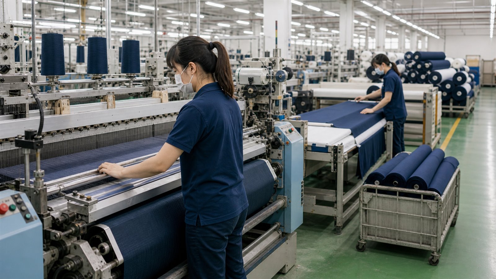 Ảnh minh họa công việc thao tác máy dệt và kiểm tra vải trong xưởng Đài Loan