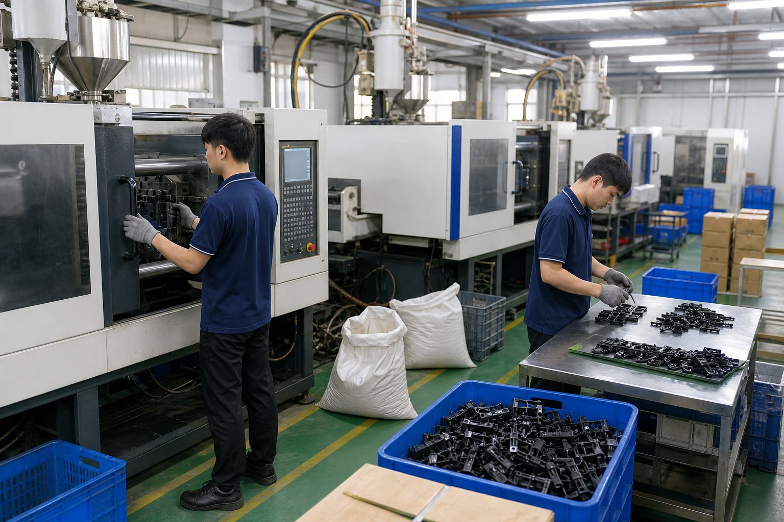 Ảnh minh họa công việc ép phun linh kiện nhựa, kiểm hàng, đóng gói và xử lý bavia trong xưởng Đài Loan