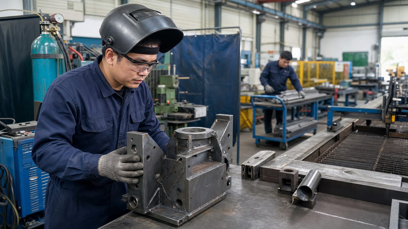 Ảnh minh họa công việc hàn CO2 và lắp ráp cơ khí trong xưởng Đài Loan