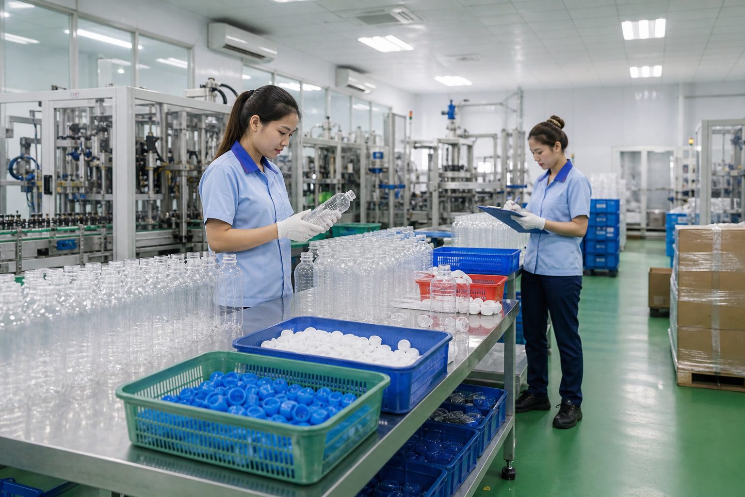 Ảnh minh họa công việc kiểm tra bình nhựa, nắp nhựa và sắp xếp nguyên liệu trong xưởng Đài Loan