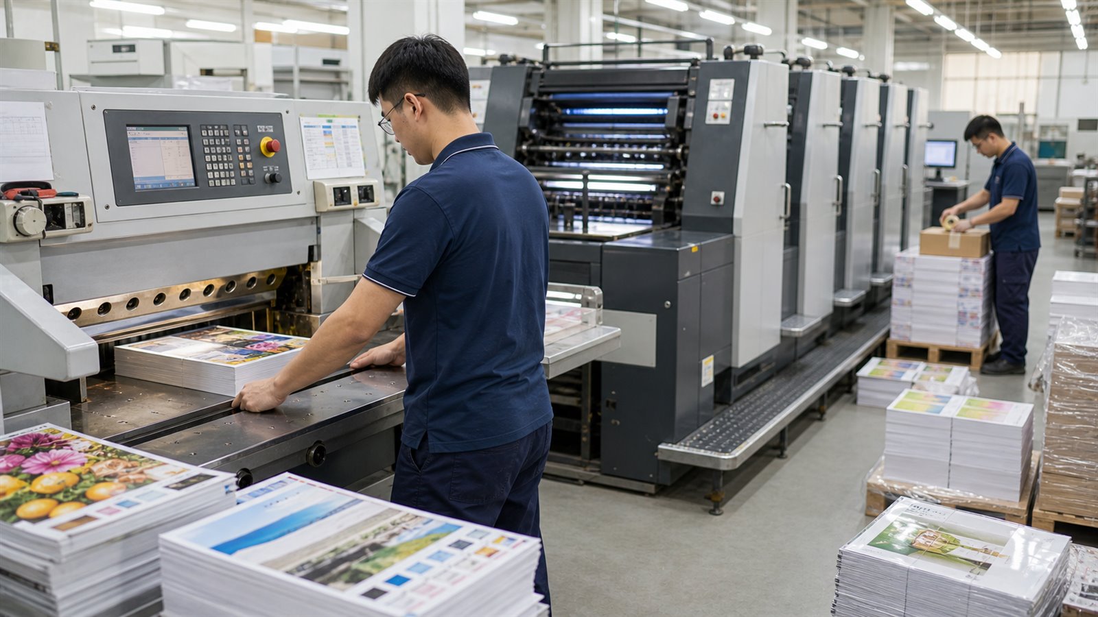 Ảnh minh họa công việc in màu, dán keo, cắt viền và đóng gói sách báo tại xưởng Đài Loan