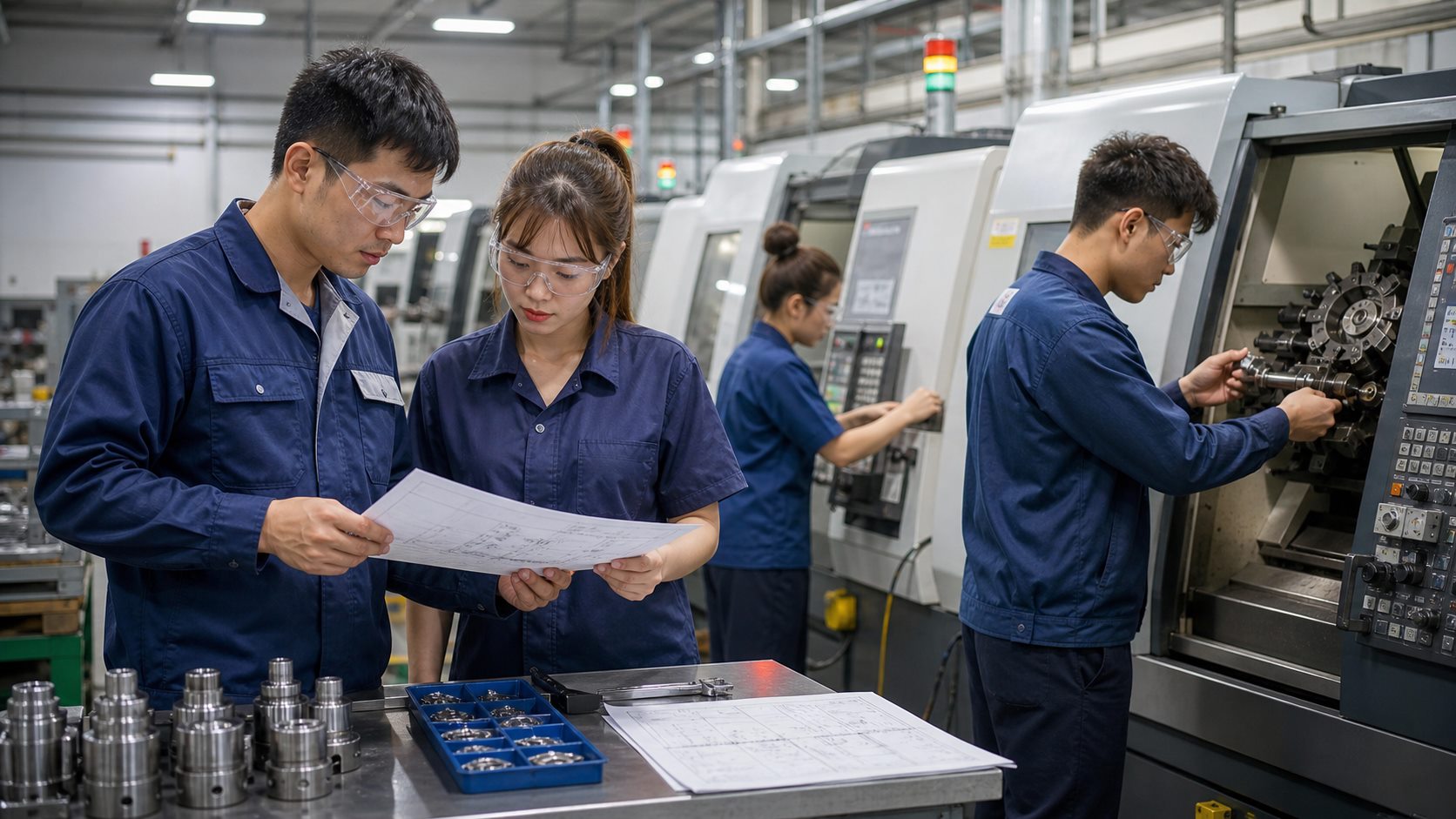 Ảnh minh họa công việc tiện CNC, thao tác máy và kiểm bản vẽ trong nhà máy Đài Loan