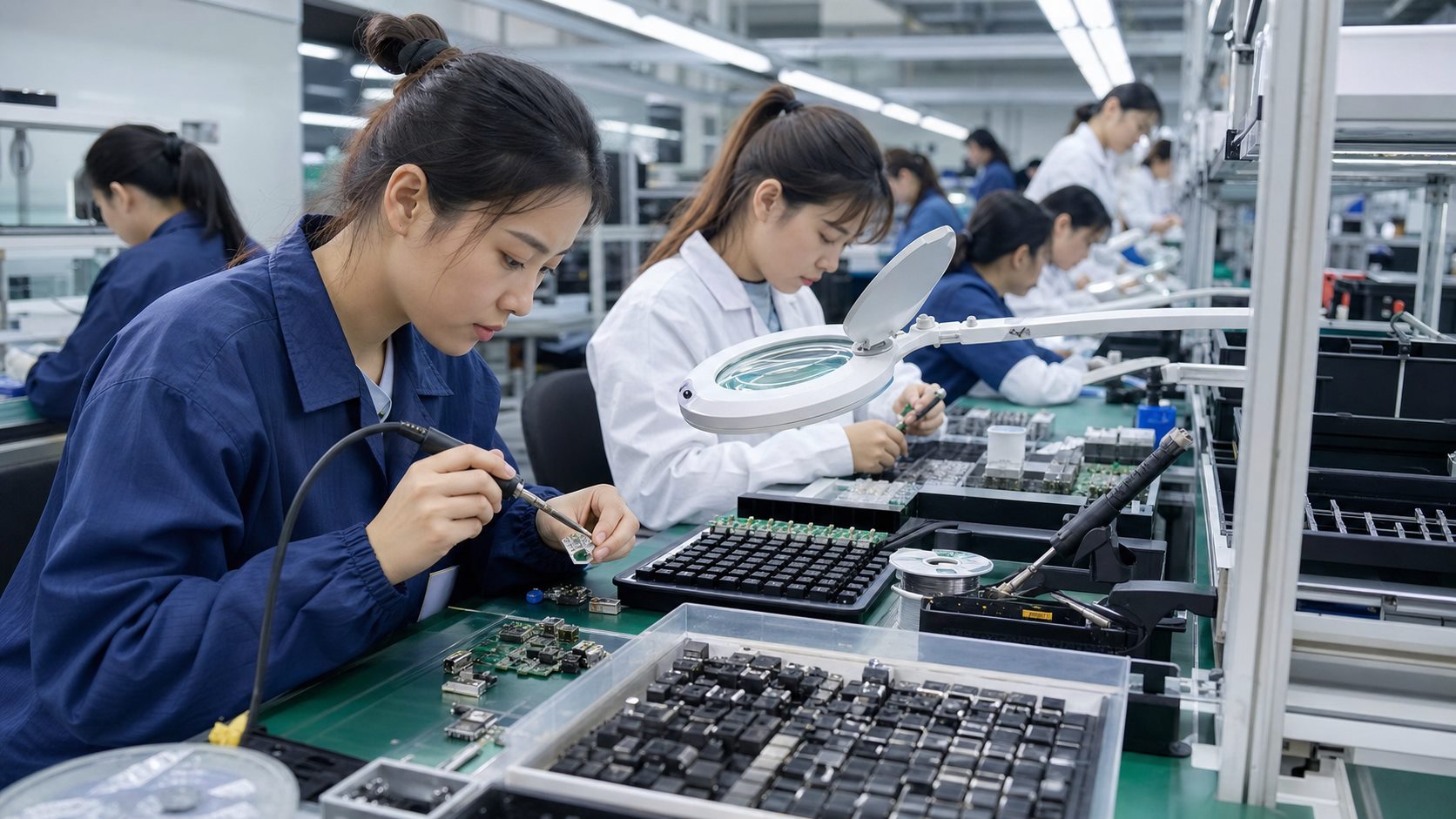 Ảnh minh họa công việc lắp ráp mạch điện tử và USB trong xưởng Đài Loan