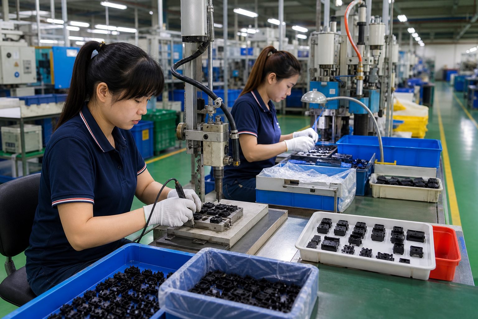 Ảnh minh họa công việc linh kiện nhựa điện tử, cắt bavia, kiểm hàng và đóng gói trong xưởng Đài Loan