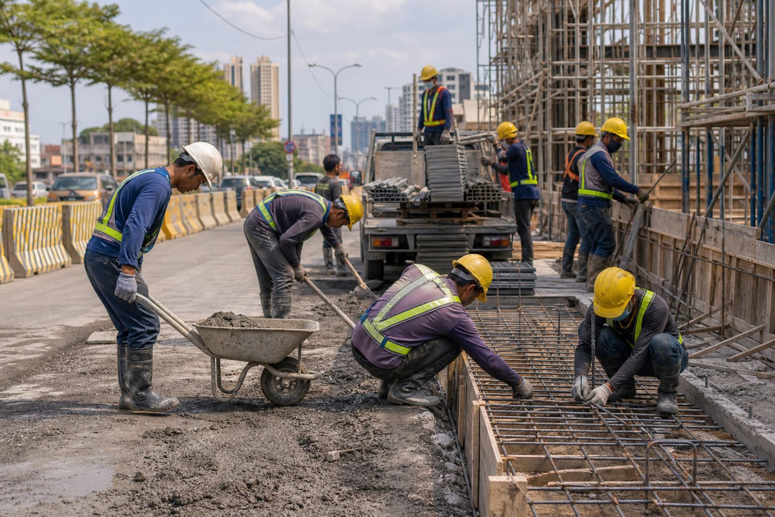 Ảnh minh họa công việc sửa chữa đường, buộc sắt, cốp pha và xây dựng ngoài trời tại Đài Loan