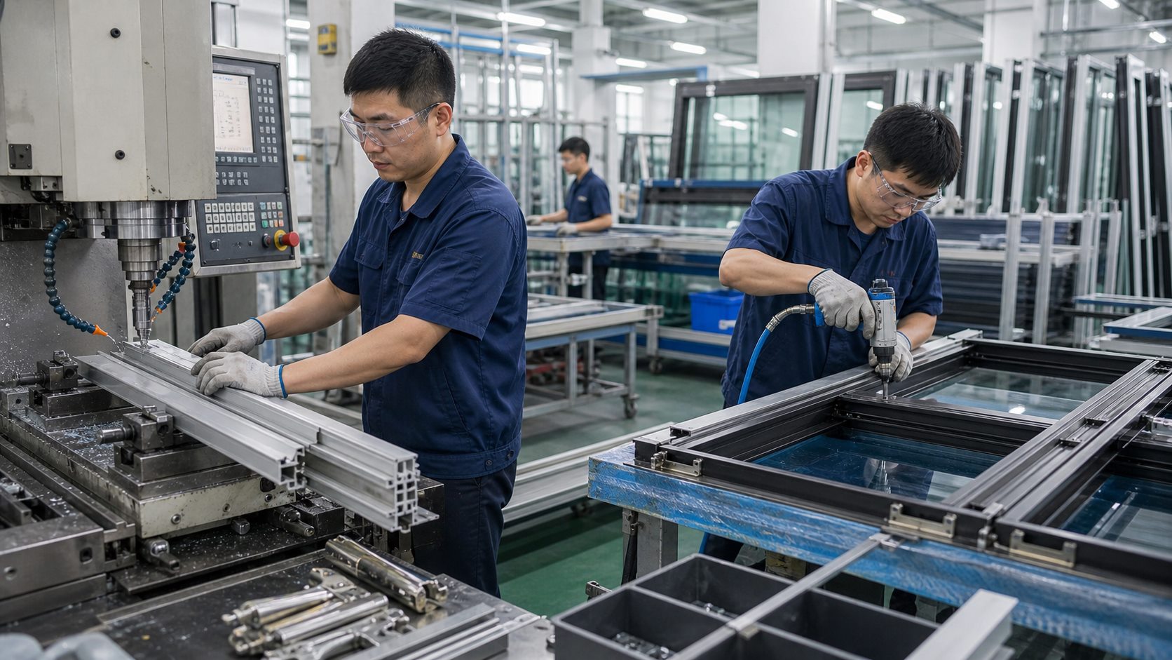Ảnh minh họa công việc CNC và lắp ráp cửa nhôm kính trong xưởng Đài Loan