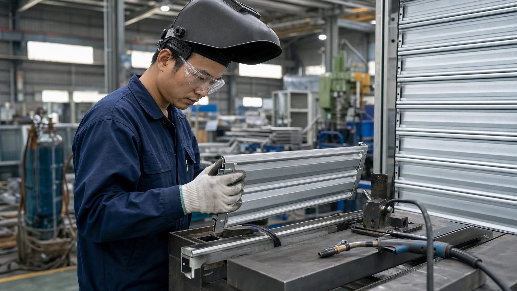 Ảnh minh họa công việc hàn, cắt và lắp ráp cửa cuốn trong xưởng Đài Loan